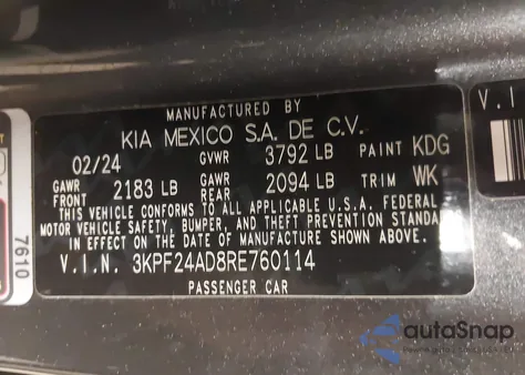 2024 Kia Forte Lxs из США, поврежденный, VIN 3KPF24AD8RE760114